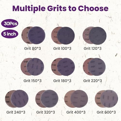 MAZING 5" Purple Ceramic Sanding Discs - 30 Pack Wet Dry Hook & Loop - 80/100/120/150/180/220/240/320/400/600 Grit Set for Random Orbital Sanders - Fast Sharp-Cut for Wood Metal Polishing - style: 5 Inch-30pc