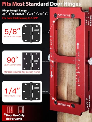 Door Hinge Jig & Lock Hole Drilling Kit – Adjustable Aluminum Router Template for Hinge Mortising (2.5"-5", 1/4"R, 5/8"R, Square Corner) – For 1-3/8" & 1-3/4" Thick Doors