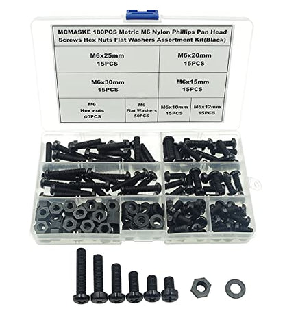 180PCS M6 Black Nylon Phillips Pan Head Screws Nuts Washers Kit - size: M6