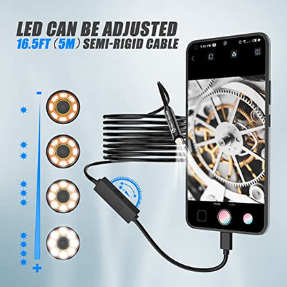 1920P Endoscope Snake Inspection Camera, Type C Borescope, Scope Camera with 8 LED Lights for Android and iOS Smartphone, iPhone, iPad, Samsung (16.5 FT/5M)