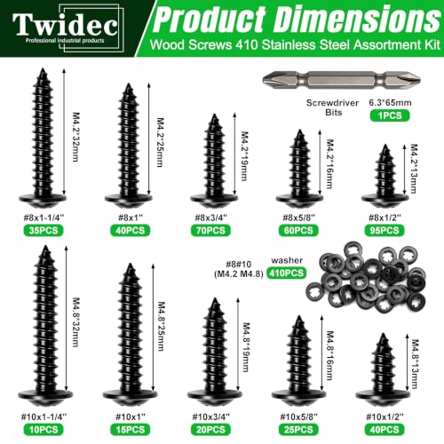 Twidec/821PCS Wood Screws 410 Stainless Steel Assortment Kit,#8#10 Phillips Truss Head Wood Screws,High Hardness Black Self Tapping Screws 1/2”,5/8”,3/4”,1”,1-1/4” for Indoor Furniture,Woodworking - size: 821PCS