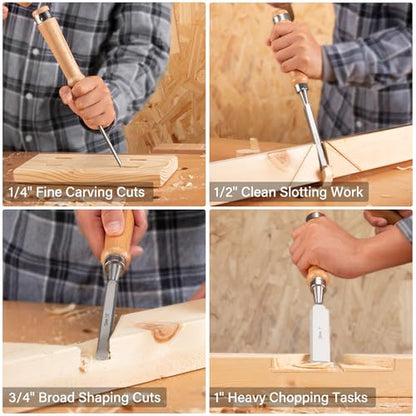 HAUTMEC Long Wood Chisel Set for Woodworking, 4-Piece Professional Wood Chisels with 60CR-V Steel Blades and Beech Handles for Carpenters, Framing & Mortise (1/4", 1/2", 3/4", 1")