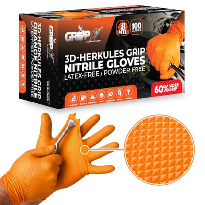 GRIPXX Herkules Grip Heavy Duty 8Mil Nitrile Gloves,3D Raised Diamond Texture-Latex & Powder Free-Industrial, Mechanic - color: Orange, size: X-Large