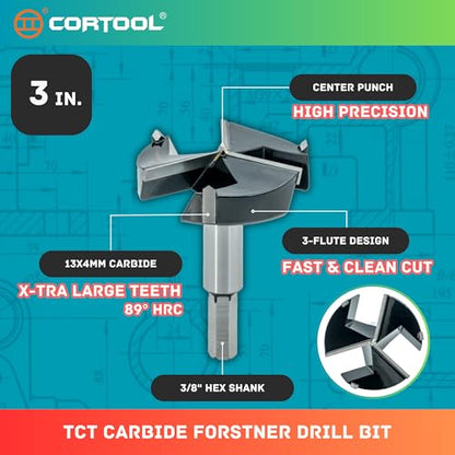 Forstner Drill Bit 3 Inch, Triple-Flute Carbide Tipped Forstner Bit for Hard Wood, Soft Wood, Veneered Plywood, Plastic, Drilling Hole Saw Woodworking Hinge Cutter Tool - style: 3 Inch
