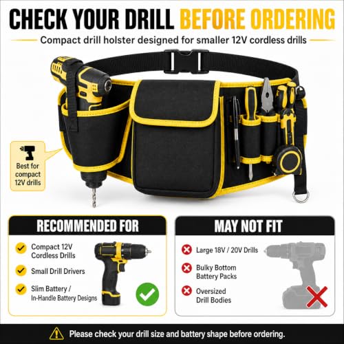Tool Belt for Men with Compact Drill Holster, Large Tool Pouch, 600D Oxford