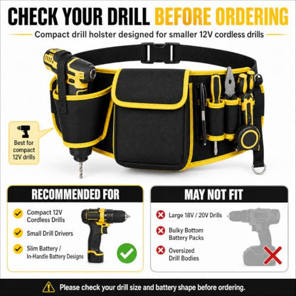 Tool Belt for Men with Compact Drill Holster, Large Tool Pouch, 600D Oxford