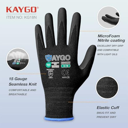 KAYGO Safety Work Gloves, MicroFoam Nitrile Coated, Men Women,KG18N - color: Black, size: Medium