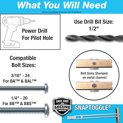 TOGGLER SNAPTOGGLE Drywall Anchors with 1/4-20 x 2.5 in Bolts, 100 Pack - size: 100 Pack w/ Bolts