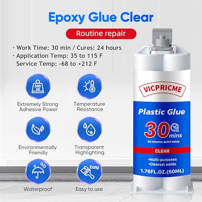Vicpricme Plastic Glue Epoxy Glue for Plastic All Purpose Clear 3Pcs - size: 30Min glue 3pcs
