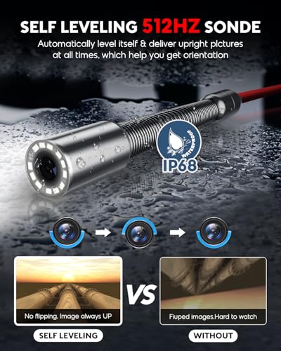 Anysun Sewer Camera with 512Hz Sonde, Self Leveling, Microphone, Distance Counter, 165Ft Pipe Inspection Camera with DVR & Battery Indicator, 9'' 1080P IPS Monitor, IP68 Waterproof, 16GB Card - size: 165Ft/50M, 512Hz Sonde