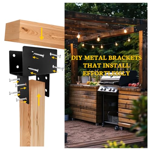1Pack 8” x 6” T-Shaped Post to Beam Connector Pergola Rod Bracket,Black Heavy Duty Wood Beam Support Brackets for Outdoor Pavilion,Gazebo,Deck,Porch,Hunt Cabin with Screws - size: 6“x6"
