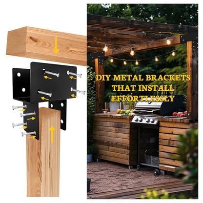 1Pack 8” x 6” T-Shaped Post to Beam Connector Pergola Rod Bracket,Black Heavy Duty Wood Beam Support Brackets for Outdoor Pavilion,Gazebo,Deck,Porch,Hunt Cabin with Screws - size: 6“x6"