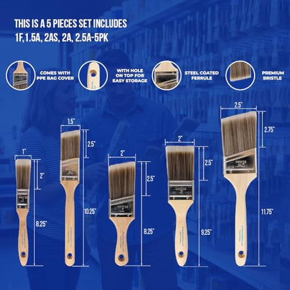 Pro Grade Paint Brushes, Paint Brush Set for Walls, Trim & Stain, 5-Piece