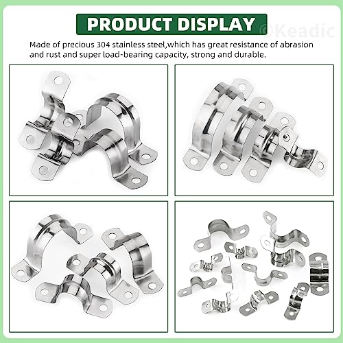 Keadic 50Pcs M45 Metric Two Hole Strap U Bracket Tube Strap Tension Clips 304 Stainless Steel Heavy Duty Rigid Pipe Strap Clamp, for Pipe Fixing on Various Surfaces - size: 1-3/4"-50pcs
