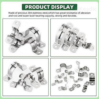 Keadic 50Pcs M45 Metric Two Hole Strap U Bracket Tube Strap Tension Clips 304 Stainless Steel Heavy Duty Rigid Pipe Strap Clamp, for Pipe Fixing on Various Surfaces - size: 1-3/4"-50pcs