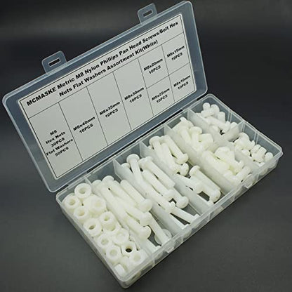 150PCS M8 White Nylon Phillips Pan Head Screws Nuts Washers Kit - size: M8
