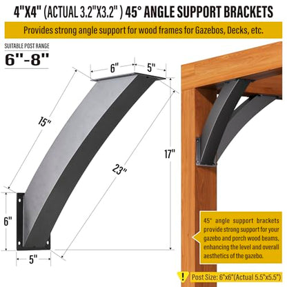 Heavy Duty 45 Degree Angle Support Bracket 4"×4" (Actual: 3.2"×3.2") Wood Beam Support Hardware Degree Post Bracket for Gazebos Pagola Porches 2Pcs - size: 4"×4"