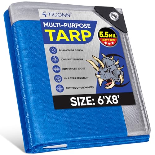 TICONN Heavy Duty Tarp Cover Waterproof, Extra Thick UV Resistant Tarpaulin - color: Blue, size: 6'x8', 5.5 Mil