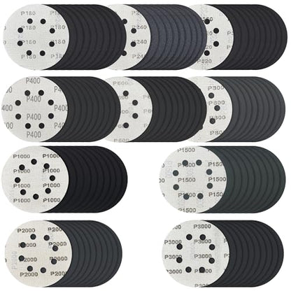100 Pcs 5 inch Sanding Discs Wet Dry Sandpaper Hook & Loop 8 Holes,180 240 320 400 600 800 1000 1500 2000 3000 Grit Assortment Silicon Carbide Sandpaper for Automotive Wood Metal Glass Polishing
