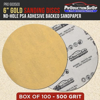 ProductionShop Premium 500 Grit 6" PSA Gold Sanding Discs, Box of 100 - Self Adhesive Stickyback Abrasive Sandpaper for DA & Random Orbital Sanders - Sand Auto Paint Metal, Wood Woodworking Furniture - style: 500 Grit