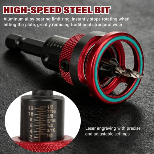 Countersink Drill Bits Set, Adjustable Depth Stop Collar, 5 HSS Wood Countersink & Counterbore Bits (1/8"–3/16") with Hex Shank, Countersink Bit with Wrench for 82 Degree Woodworking, Plywood and DIY