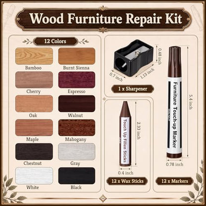 Chumia Squeaky Floor Repair Kit Includes Joist Finder Drill Bits Tripod Fixture 50 Replacement Screws and Furniture Repair Kit Wood Markers for Stains Scratches Tables Desks Hardwood Carpet