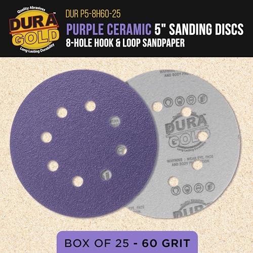 Dura-Gold 60 Grit 5" Purple Film Ceramic Sanding Discs, Box of 25, 8-Hole - style: 60 Grit