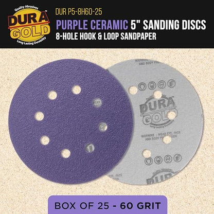 Dura-Gold 60 Grit 5" Purple Film Ceramic Sanding Discs, Box of 25, 8-Hole - style: 60 Grit