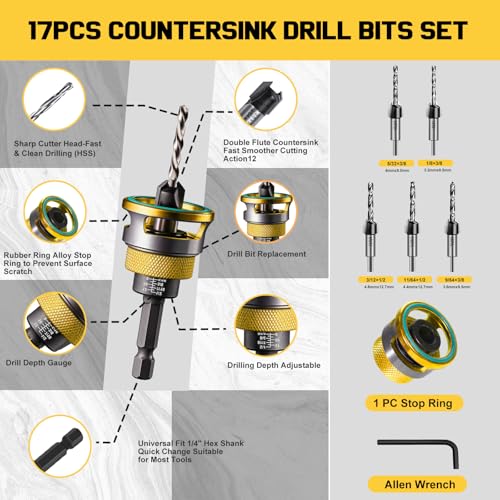Countersink Drill Bit Set for Wood,17 PCS Counter Sink Drill Bit with 15PCS HSS Tapered Drill Bits and 1/4" Hex Shank Quick Change for Woodworking with Storage Box - size: 17 pcs