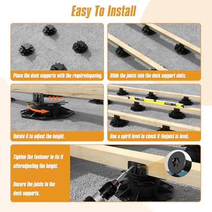 Deckit 24-Pack Adjustable Deck Support Pedestals, 1.18"–2.36" (30–60 mm), for 2×4 & 2×6 Joist Framing, Ground Support & Leveling for Patio, Shed Base & Floating Deck，Includes Screws。 - size: 24PCS