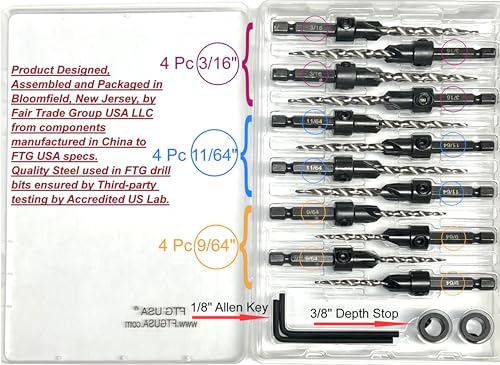 FTG USA 12 Pc Set (4 Each #6#8#10) Tapered Countersink Drill Bit Hex Shank - size: #6#8#10, style: Same Sort 4 Pc