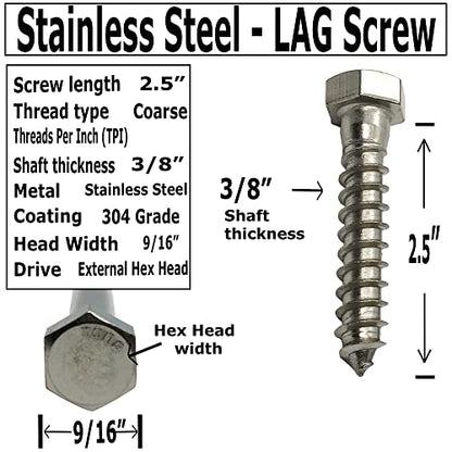 1/4" x 2.5" 304 Grade Stainless Steel lag Screws, Hex Head Fasteners, Stainless Steel Screw. Use as Construction, Wood, Metal, lag Screw or mounting Screws Fasteners Lag Bolts (25)