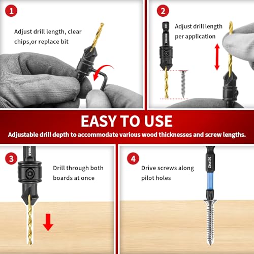 NOROOLS Countersink Drill Bit Set,5 Pcs Counter Sink Drill Bit Adjustable for Wood,#4, #6, #8, #10, #12, High-Speed Steel 5 Spare Bits Adjustable，4pcs Screwdriver Bit 2x50mm+2x25mm for Woodworking