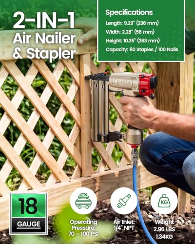 meite 18 Gauge 2-in-1 Staple Gun, Pneumatic Brad Nailer and Stapler
