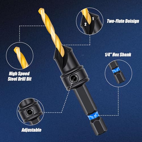 12PCS Countersink Drill Bit Set, #4, #6, #8, #10, #12 with 5 Wood Drill Bit - size: 4#-12#