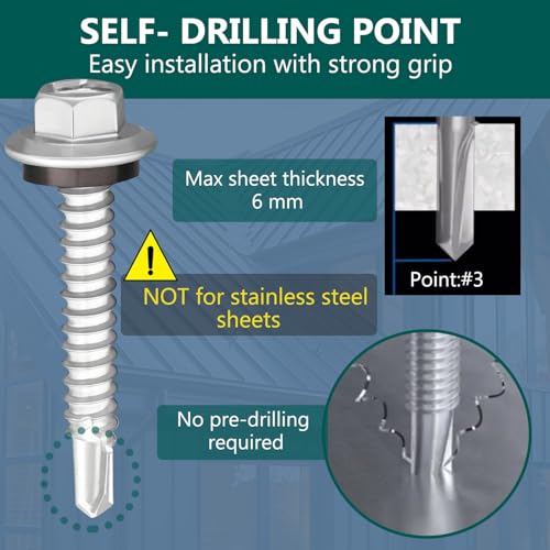 50PCS #12/#14 x 3 Roofing Screws, Self-Tapping Screws for Metal, Hex Head - size: #12/#14 X 3”-50