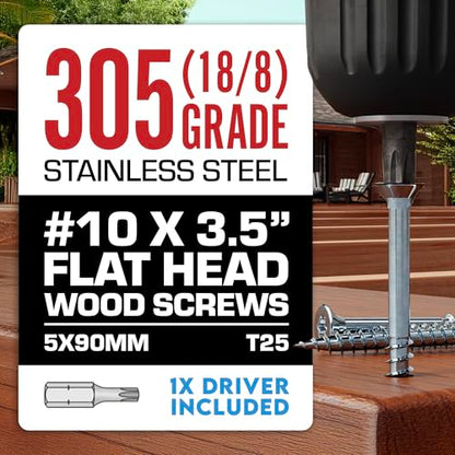 #10 x 3 1/2 Inch Stainless Steel Deck Screws | 305 Grade (350 Pack) | Flat Head T25 Star Torx Drive | Stainless Steel Screws by Eagle Claw Fasteners | Corrosion & Rust Resistant (Includes Driver Bit) - size: #10 x 3.5"