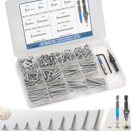 235PCS Wood Screws Assortment Kit, #8 Self Tapping Screw Set (9 Sizes) - size: SS304 M4.2