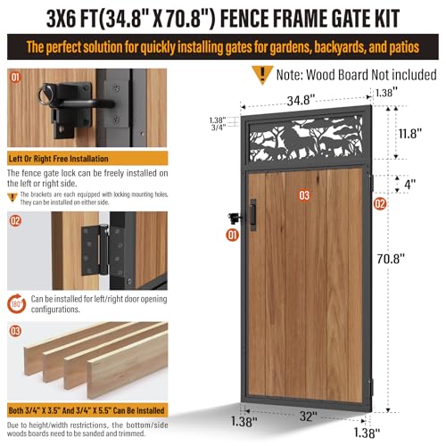 3x6FT Fence Gate Frame Kit 201 Stainless Steel Heavy Duty Garden Gates Anti-Sag Backyard Front Gate Reinforcement Hardware, Left/Right Mount (No Wood Planks Included) - color: W3xH6ft-Lion