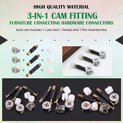Keadic 270Pcs 3 in 1 Cam Lock Nuts and Wood Dowel Pins Assortment Set Furniture Connecting Fittings Nut Screws Bolts Fasteners Connectors for Cabinet Drawer Dresser Wardrobe Furniture Panel (Silver)
