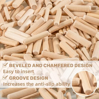 Sukh 200PCS Wooden Dowel Pins - Fluted Dowel Rods for Woodworking