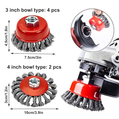 6 Pack Wire Wheel Brush for 4-1/2" Angle Grinder, 5/8" Threaded Arbor, 0.02" Carbon Steel Twisted Wire Brush for Rust Removal, Weld Cleaning