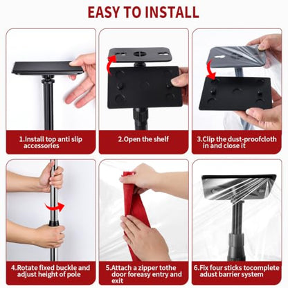 12FT Dust Barrier Poles, 4 Pack Spring Retractable Zipper Wall Pole Kit