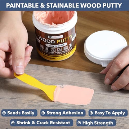 Bates- Wood Filler Putty Repair Kit, 9.87 Ounce, 2 Scrapers, 2 Sandpapers, Mahogany Wood Putty Filler Paintable & Stainable for Cracks, Holes and Defects in Wooden Furniture - color: Pink
