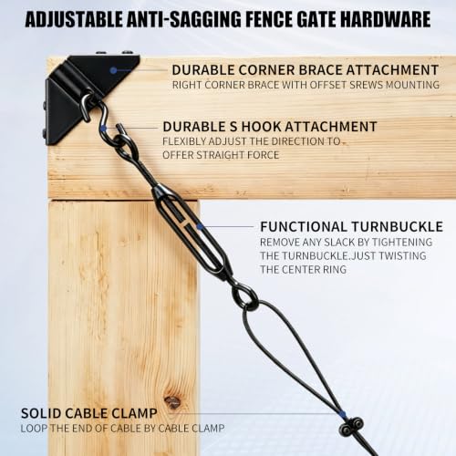Anti Sag Gate Kit for Wooden Fence, Gate Tensioner Cable Kit, Black Zinc
