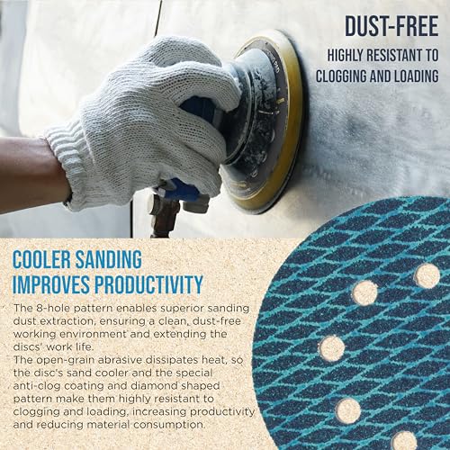 ProductionShop Premium 80 Grit 5" Rhombus Diamond Shape Blue Sanding Discs, 8-Hole, Box of 50 - Hook & Loop Anti-Clogging J-Cloth Dustless Sandpaper for Random Orbital Sanders, Sand Auto Paint, Wood - style: 80 Grit