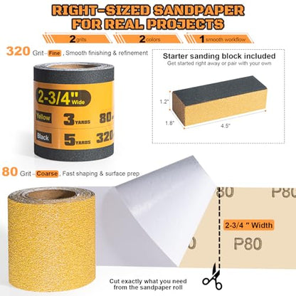 2 Rolls Self Adhesive Sandpaper Roll for Detail Sanding, Wood Crafts, Furniture Repair & DIY, Sticky Back Sandpaper Cut to Size for Mini Sander & Hand Sanding Block, 2-3/4" Wide, 80/320 Grit