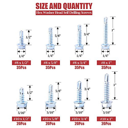 Hilitchi 220-Pieces Zinc Plated Hex Washer Head Self Drilling Sheet Metal Tek Screws Assortment Kit - style: Hex Washer Head