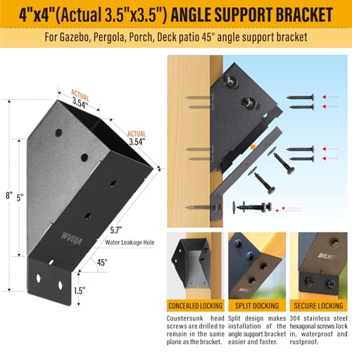 4pc 45°-Degree Angle Support Bracket, 4x4 (Actual 3.5''x3.5'') Angle Bracket, Suitable for Pergolas, Gazebo, Deck Porch, Cabin Elevated Wood Support Bracket kit (Frosted-Black) - size: 4''x4'' (Actual: 3.5''x3.5'')