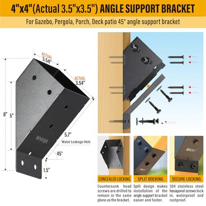 4pc 45°-Degree Angle Support Bracket, 4x4 (Actual 3.5''x3.5'') Angle Bracket, Suitable for Pergolas, Gazebo, Deck Porch, Cabin Elevated Wood Support Bracket kit (Frosted-Black) - size: 4''x4'' (Actual: 3.5''x3.5'')